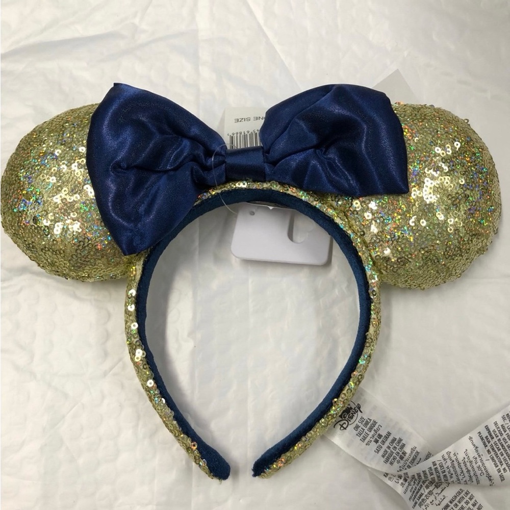 Gold Sequin Mouse Ears with Blue Bow